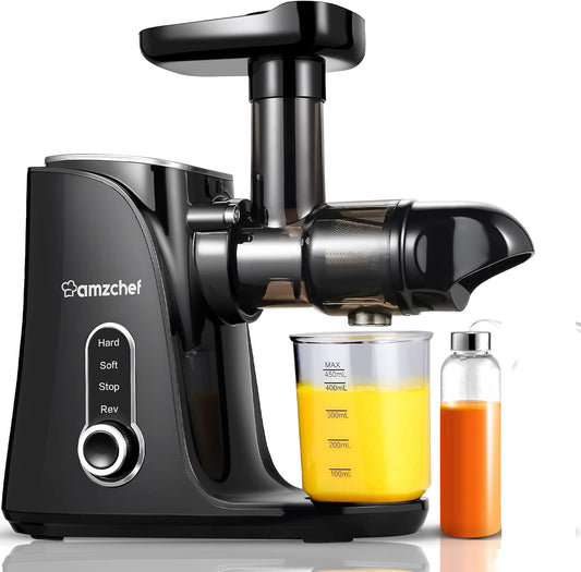 AMZCHEF Cold Press Slow Juicer met 2 snelheidsstanden （Zachte en harde stand）voor een breed scala aan fruit en groenten - Juicer wordt geleverd met een 500ml draagbare fles en twee kopjes - Zwart