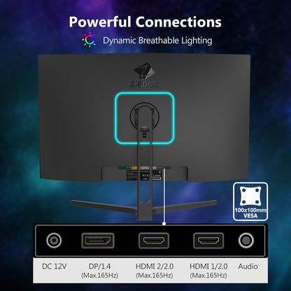 Z-Edge Gaming Monitor Curved 27'' 165Hz, 1ms, FreeSync, 1080P, 16:9 LED Gaming Monitor Ultra-Thin Bezel, 1500R VA, Adjustable Tilt, 2*HDMI2.0 & DP1.4, VESA 100 * 100mm(HDMI Cable Included)