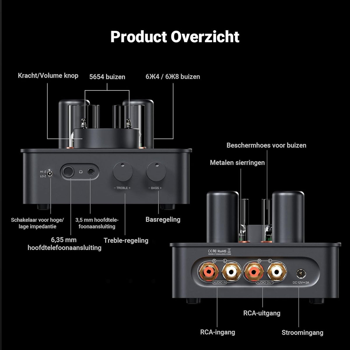 Fosi Audio GR70 Buizen Hoofdtelefoonversterker, Authentieke Buizenversterking met Vacuum, Mini HiFi Voorversterker voor Home Audio, 3.5mm & 6.35mm Jacks, Ondersteuning 16-300 ohm Impedantie