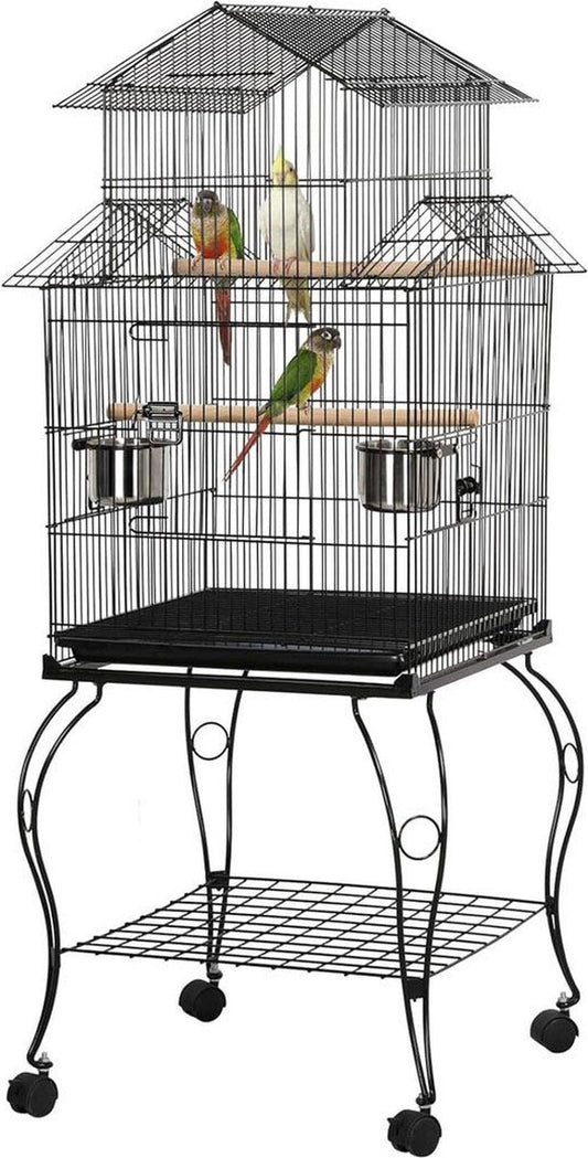 Luxe Grootte Papegaaienkooi op Wielen - Parkietenkooi - Grote Vogelkooi voor Binnen - Inclusief Speelgoed - Met Badhuis - 59x59x140cm - Zwart