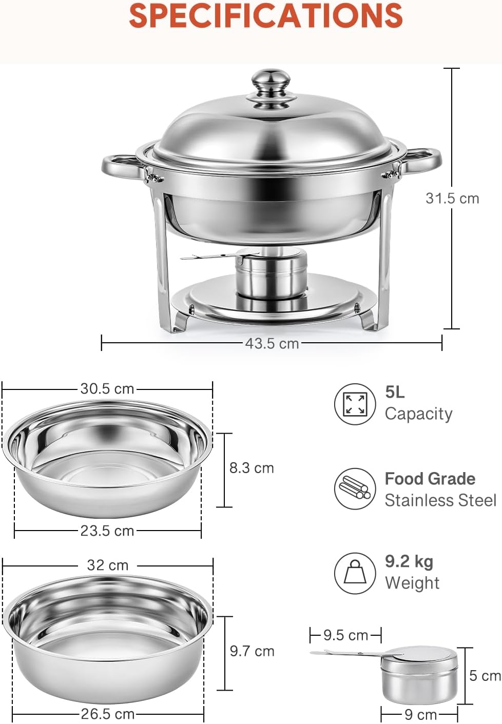 Wilprep Chafing dish rond 5 liter, Buffet set van 4, RVS voedselwarmer kit, Bain Marie Ø 34 cm met brandpasta houders, voor restaurant catering partijen bruiloften picknicks feest