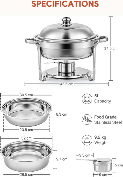 Wilprep Chafing dish rond 5 liter, Buffet set van 4, RVS voedselwarmer kit, Bain Marie Ø 34 cm met brandpasta houders, voor restaurant catering partijen bruiloften picknicks feest