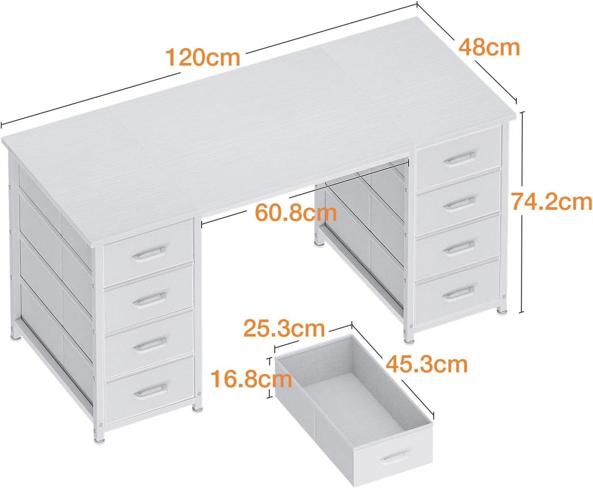 Coleshome Bureau met 8 Stoffen Laden, 120 x 48 cm, Wit Bureau met Opbergruimte, Computerbureau, Kantoortafel, Kantoortafel voor Kantoor, Woonkamer, Thuiskantoor