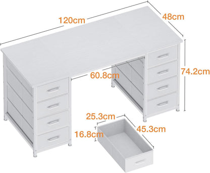 Coleshome Bureau met 8 Stoffen Laden, 120 x 48 cm, Wit Bureau met Opbergruimte, Computerbureau, Kantoortafel, Kantoortafel voor Kantoor, Woonkamer, Thuiskantoor