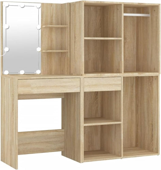 vidaXL Dressing table with 2cabinets and LEDs processed wood sonoma oak