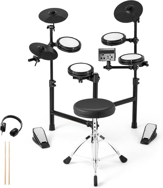 FANTASK Elektronische drumsets, opvouwbaar met mesh-pads, 150 geluiden en 10 demo's, metronoom en USB MIDI, 2 pedalen en 2 drumsticks, 7-delig e-drumstel voor kinderen, volwassenen