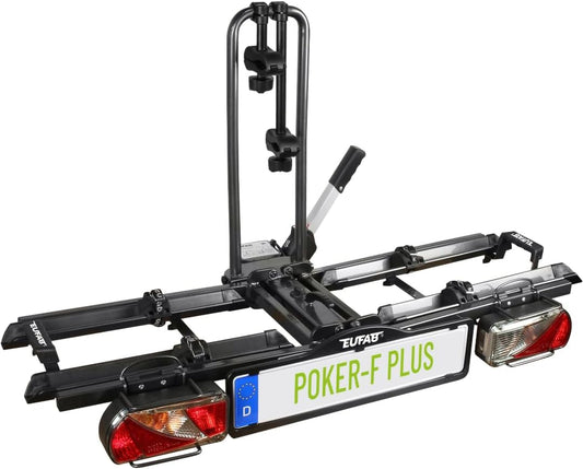 EUFAB 12012LASON Poker-F Plus Fietsendrager, exclusief op Amazon met afsluitbare framehouders, geschikt voor e-bike, compleet voorgemonteerd, voor 2 fietsen, voor trekhaak, zwart