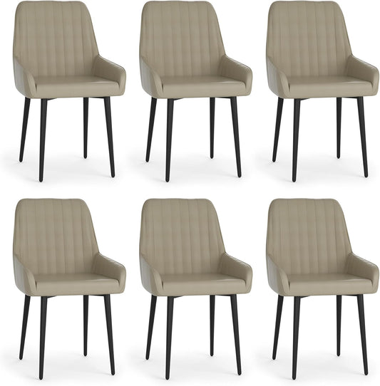 Set van 6 eetkamerstoelen, kunstleer, gestoffeerde stoel, armleuningstoel, keukenstoel met rugleuning, armleuningstoel met metalen poten, stoel voor eetkamer, woonkamer, taupe