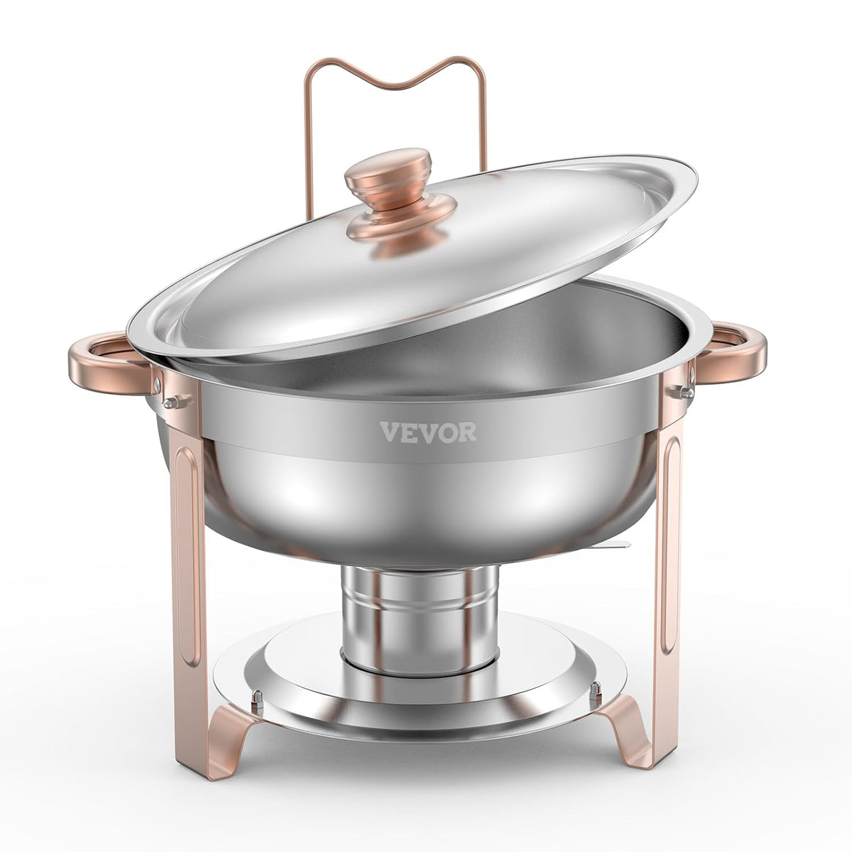 VEVOR Buffetwarmer met 4 pannen in volledige grootte, ronde catering-warmtedispenser met deksel, brandstofcontainer en waterschaal voor bruiloften, feesten, roségoud 4,7 l