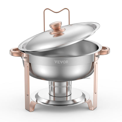 VEVOR Buffetwarmer met 4 pannen in volledige grootte, ronde catering-warmtedispenser met deksel, brandstofcontainer en waterschaal voor bruiloften, feesten, roségoud 4,7 l