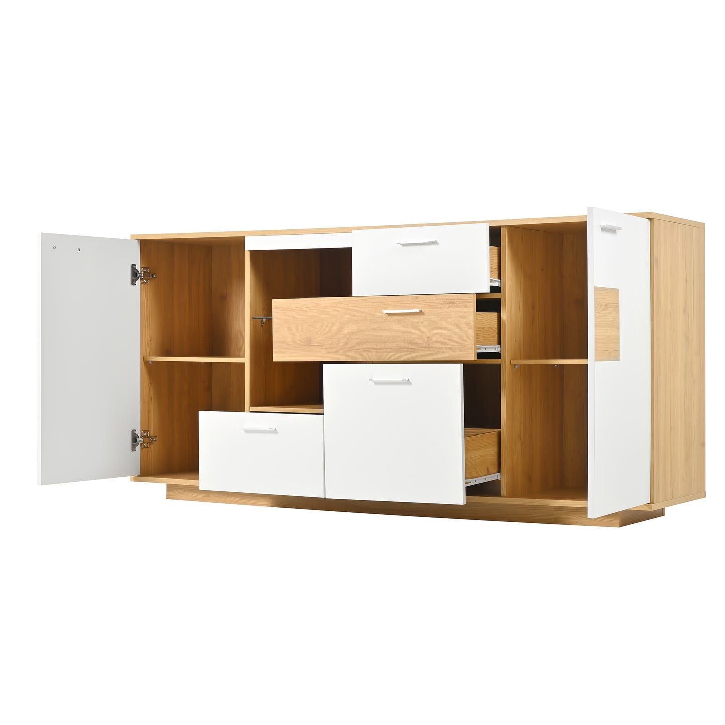 Modern Sideboard - Large Capacity Storage Cabinet with 2 Doors, 4 Drawers & Glass Shelves - White & Metallic Legs - Living Room, Dining, Entryway Furniture - Easy Assembly Required - 160x40x77cm