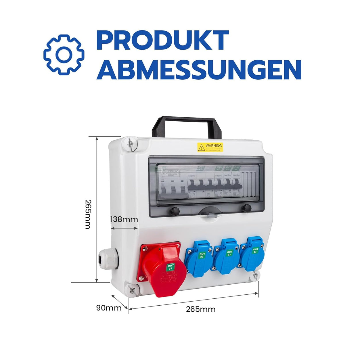 Bouwstroomverdeler met wifi-schakelaar type A, 40 A, 30 mA RCBO wandverdeler met CEE-stopcontact, 16 A, waterdicht, met handgreep voor verdeelkast (3 x 16 A 1P LS+1 x 16 A, 3P LS+ FI/LS met
