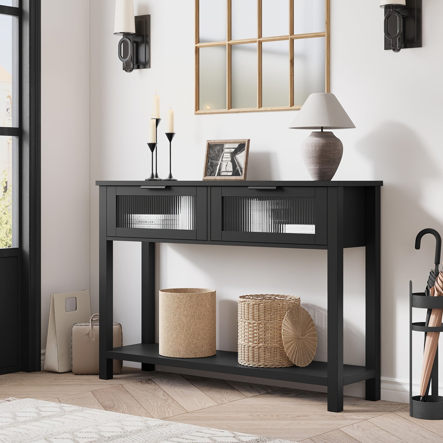 Sidetable – Wandtafel – Haltafel – Consoletafel – Bijzettafel – Ruimtebesparend Ontwerp – 2 Glazen Lades – Natuurlijk Houtlook – Eenvoudige Montage