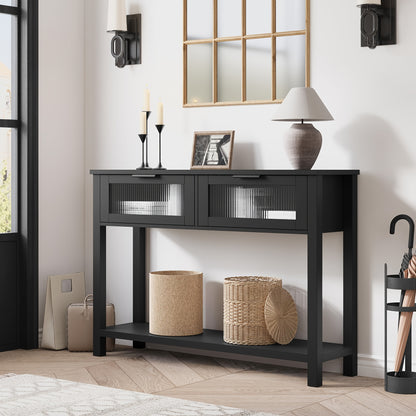 Sidetable – Wandtafel – Haltafel – Consoletafel – Bijzettafel – Ruimtebesparend Ontwerp – 2 Glazen Lades – Natuurlijk Houtlook – Eenvoudige Montage