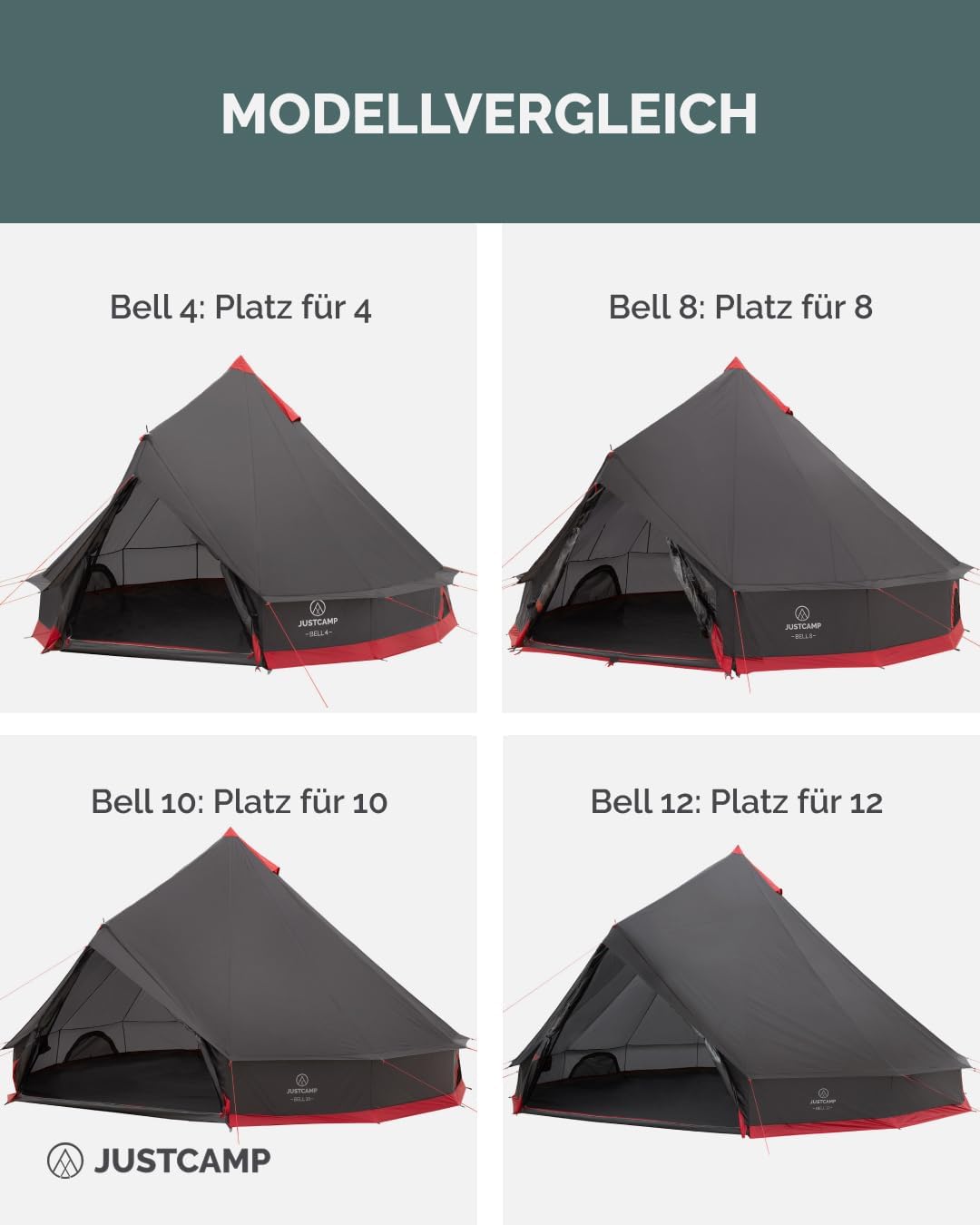 Justcamp Bell Tipi Tent Camping voor groepen, families, Pyramid tent kamperen (6, 8, 10, 12 personen)