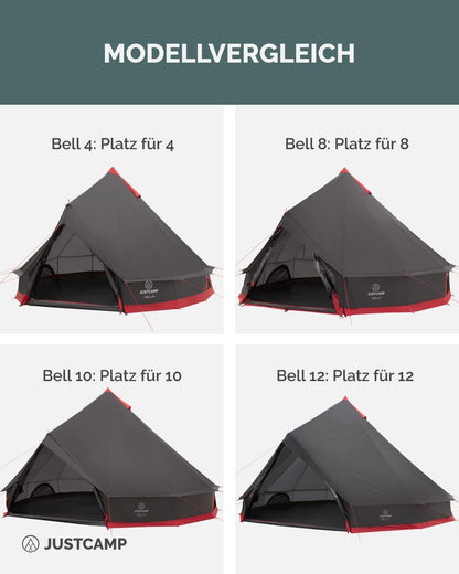 Justcamp Bell Tipi Tent Camping voor groepen, families, Pyramid tent kamperen (6, 8, 10, 12 personen)