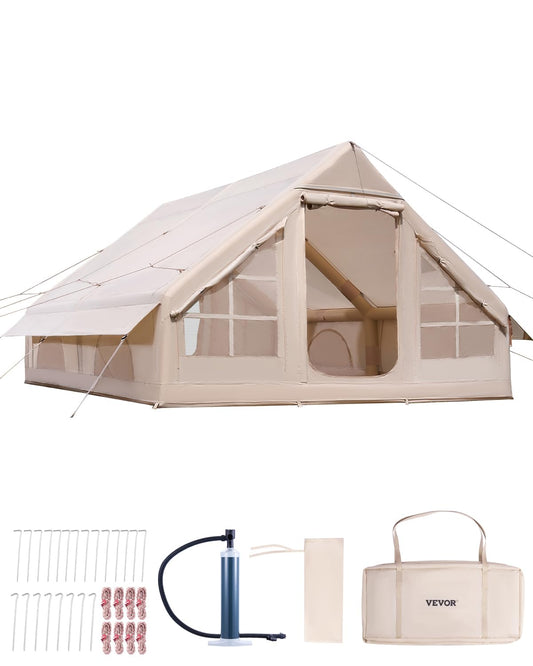 VEVOR Opblaasbare tent voor camping, opblaasbare tent voor 5-8 personen met handpomp, glampingtent 300D Oxford, 4 seizoenen, met ovenbus, 2 deuren en 4 netramen, opbergtas