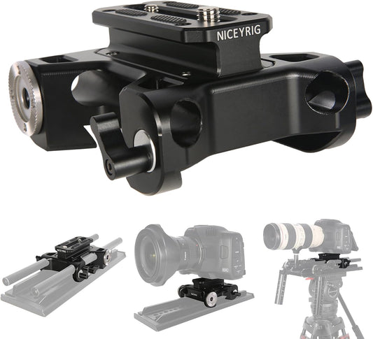 Multifunctionele camera-basisplaat met 15 mm stangrailklem, NICEYRIG universele camera-grondplaat met 2 Arri standaardversnellingen en 15 mm railbevestiging voor DSLR-installatiesysteem-513