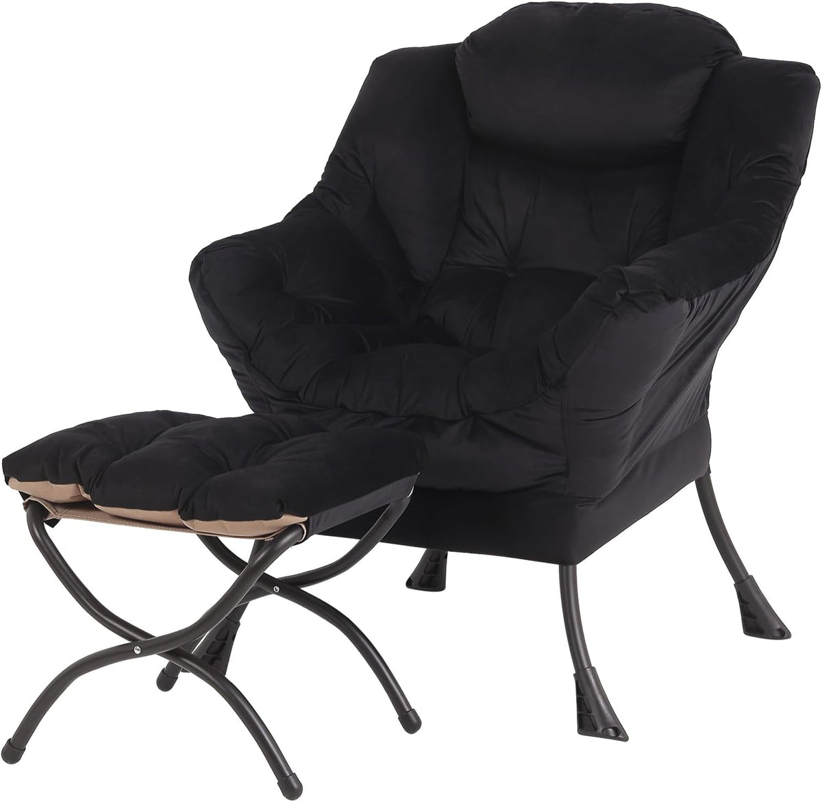 Comfortabele fauteuil met voetenbank, Lazy Chair met ottomane, vrijetijdsaccentstoel, relax-loungestoel met armleuningen en zijzak voor woonkamer, slaapkamer en kleine ruimtes, zwart
