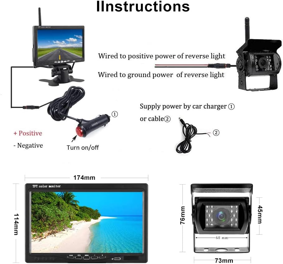 Podofo Draadloze HD Achteruitrijcamera Kit met 7" LCD Automonitor Waterdichte Achteruitrijcamera + Autolader voor Vrachtwagen Bus RV Trailer Graafmachine