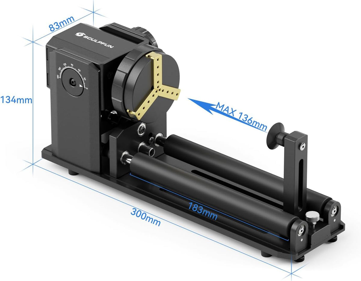 SCULPFUN RA Pro Max Rotary Roller, 4-in-1 roterende Chuck voor lasergraveermachine, Y-as rotatiemodule, met 180° instelbare hoek, voor het graveren van cilindrische, onregelmatige ronde objecten