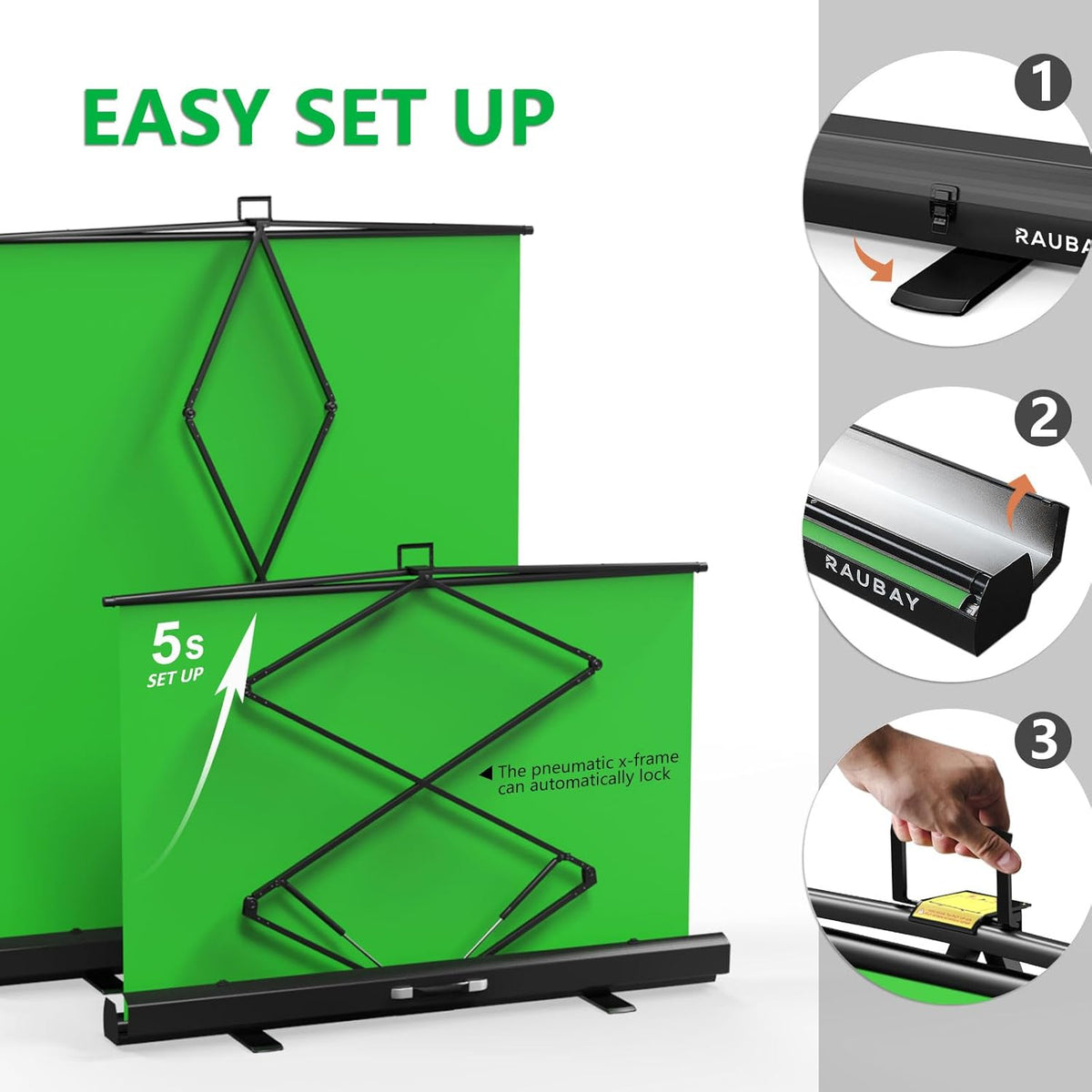 【Eenvoudige installatie】 RAUBAY 152 x 200 CM opvouwbare groene schermachtergrond, draagbare intrekbare Chroma Key-paneel fotoachtergrond met standaard voor videoconferenties, fotostudio's, streaming