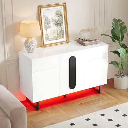 Sideboard, modern sideboard, 120cm, featuring ample storage space, drawers and cabinet doors, white finish with black handles and metal legs, suitable for dining rooms, living rooms or kitchens.