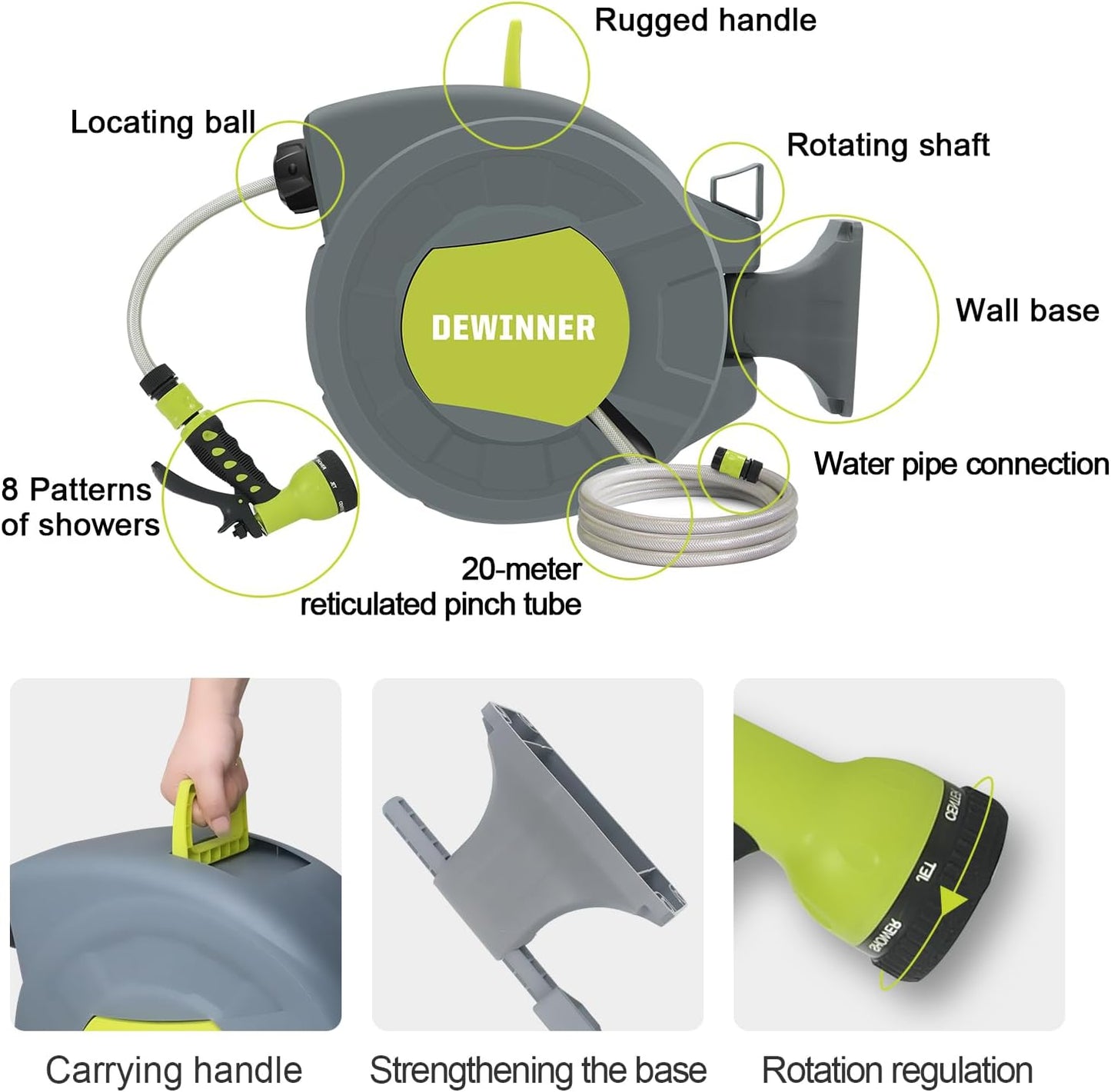 DEWINNER Automatische tuinslanghaspel, 20 + 2 m, automatische wandroller, met sproeimondstuk, automatische oprolhouder, intensief gebruik, irrigatie buiten de slang