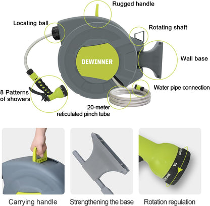 DEWINNER Automatische tuinslanghaspel, 20 + 2 m, automatische wandroller, met sproeimondstuk, automatische oprolhouder, intensief gebruik, irrigatie buiten de slang