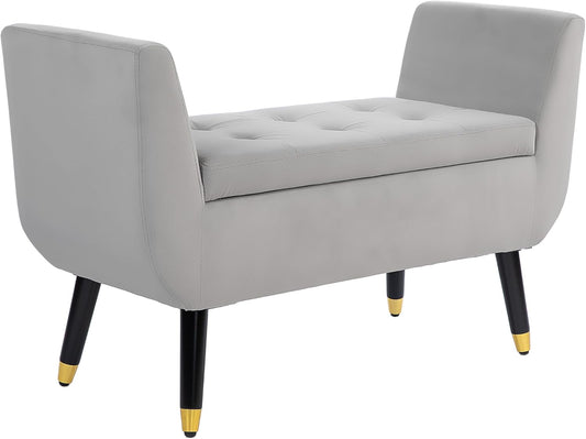 HOMCOM Luxus Sitzbank Polsterbank mit Stauraum Armlehnen Truhenbank Samtartiges Polyester Gummiholz Hellgrau 107 x 42 x 65 cm - QUORE