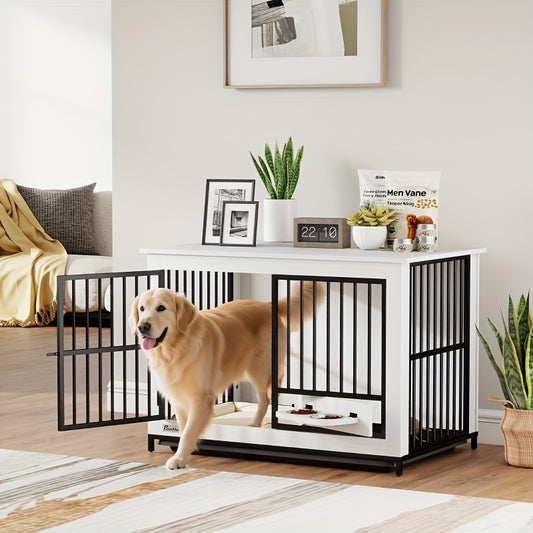 Hondenbench – Hondenkooi – Dierenkooi – Hondenrek – Hondenhok – Wit – Duurzaam IJzermateriaal – Vergrendelbare Deur Met Draaibare Voerbak