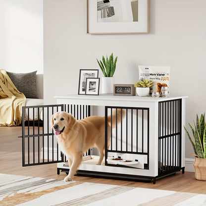 Hondenbench – Hondenkooi – Dierenkooi – Hondenrek – Hondenhok – Wit – Duurzaam IJzermateriaal – Vergrendelbare Deur Met Draaibare Voerbak - QUORE