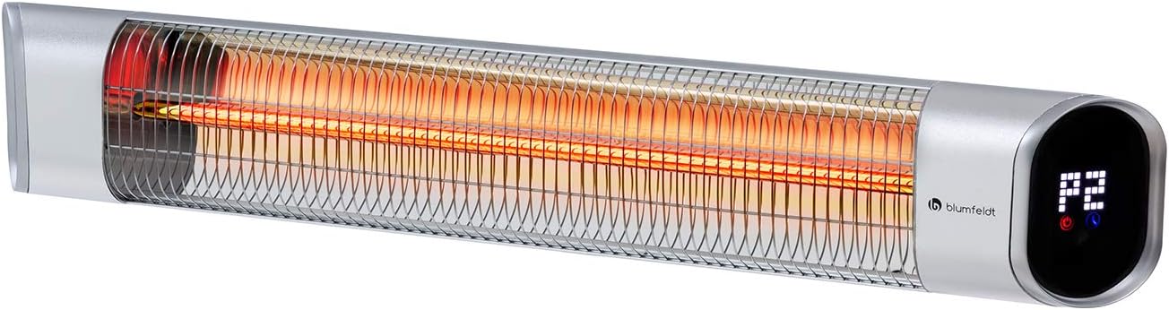 Blumfeldt Dark Wave infraroodstraler, vermogen: 2000 W, MinimalGlare verwarmingsbuis: goudgecoate koolstofbuis, 9 verwarmingsniveaus, 24-uurs timer, IP65, touch-bedieningspaneel en LED-display, zilver