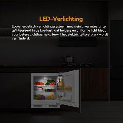 Inbouwkoelkast – Keukenkoelkast – Compacte Koelkast – Inbouw Koelapparaat – Koelkast Zonder Vriesvak – 110 Liter – Low Frost Technologie – Omkeerbare Deurscharnieren – Temperatuurregeling – LED-Verlichting