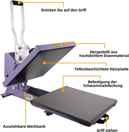 ColorSub Warmstempelmachine, digitale hittepers, 38 x 38 cm, sublimatiepers, teflon warmtepers, T-shirt, kleding, transfertas, 1600 W
