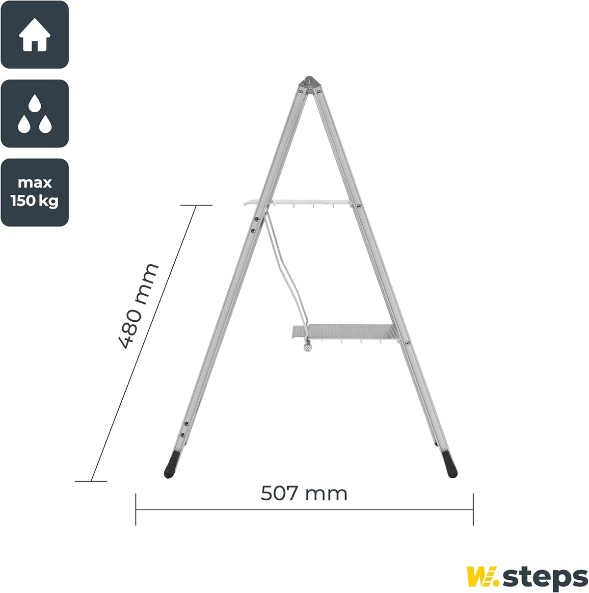 WIBE LADDERS Vikingstep Mini trapladder, 480 mm hoog, belastbaar tot 150 kg, compacte aluminium vouwladder met 2 treden, slechts 35 mm breed, 72814