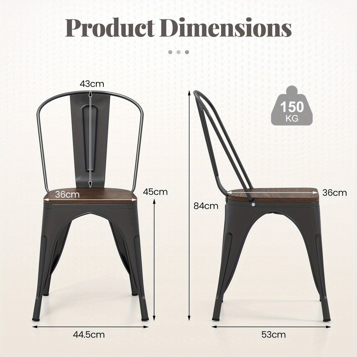 Eetkamerstoelen – Keukenstoelen – Stapelbare Stoelen – Metalen Stoelen – Houten Zitvlak – Set Van 4 – Afneembare Rugleuning – Ruimtebesparend Design – Bruin