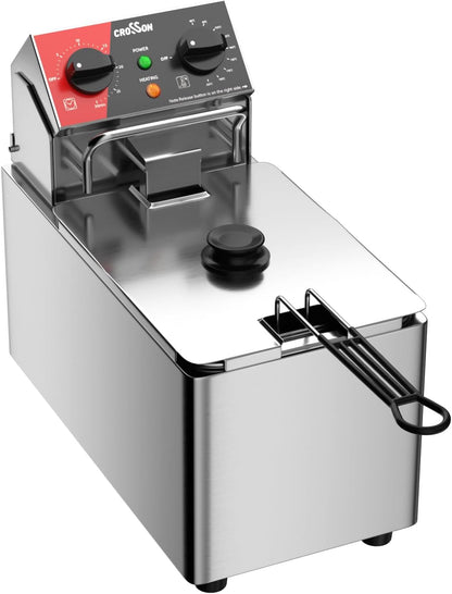 CROSSON Commerciële Roestvrijstalen Elektrische Friteuse,230V/2500W Professionele Elektrische Friteuse 4L met Verstelbaar Thermostaat 80-200°C,met Afneembare Olietank