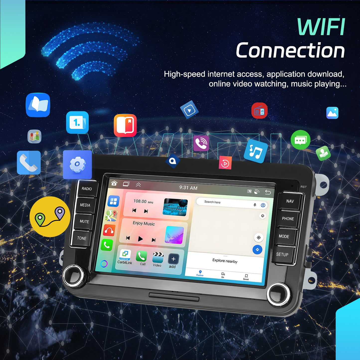 Autoradio – Car Stereo – Auto Radio – 1 DIN – 2 DIN – 7” Touchscreen – Android 15 – Qualcomm Octa-Core Processor – Draadloos CarPlay & Android Auto - QUORE