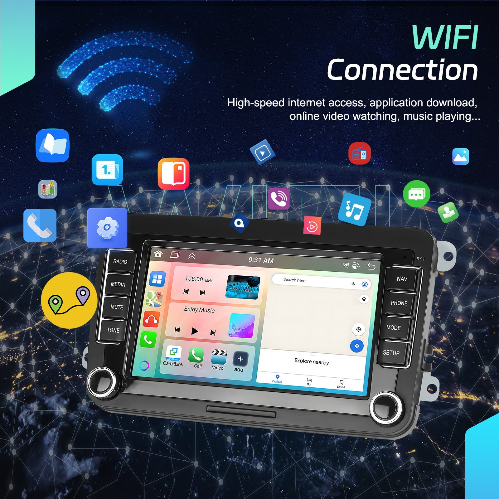 Autoradio – Car Stereo – Auto Radio – 1 DIN – 2 DIN – 7” Touchscreen – Android 15 – Qualcomm Octa-Core Processor – Draadloos CarPlay & Android Auto - QUORE