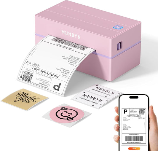 MUNBYN Labelprinter Bluetooth 4x6, Thermische Labelprinter, Ideaal voor kleine bedrijven en thuisgebruik, Compatibel met iOS, Android, Windows, Chromebook, DHL en UPS, Roze