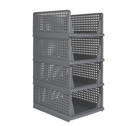 Opbergmanden – Opbergboxen – Opbergbakken – Opbergkisten – Opbergdozen – Stapelbaar en Vouwbaar – Kunststof 33,5x43x18 cm – Set van 4 – Grijs
