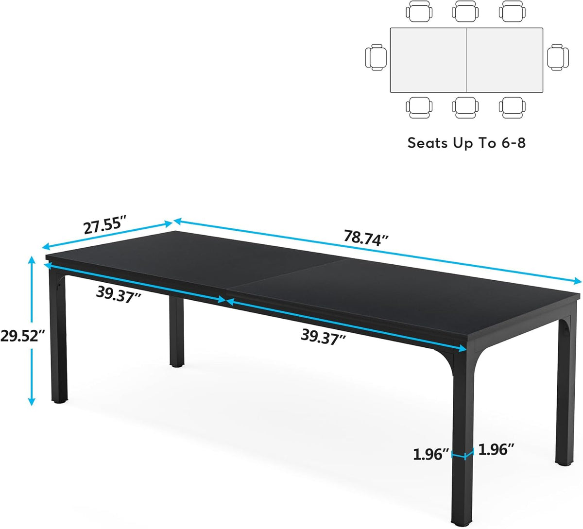 Tribesigns Dining Table for 6 to 8 People, Rectangular Kitchen Table with Sturdy Metal Legs for Living and Dining Room, Industrial Design, 200 x 70 x 75 cm, Black