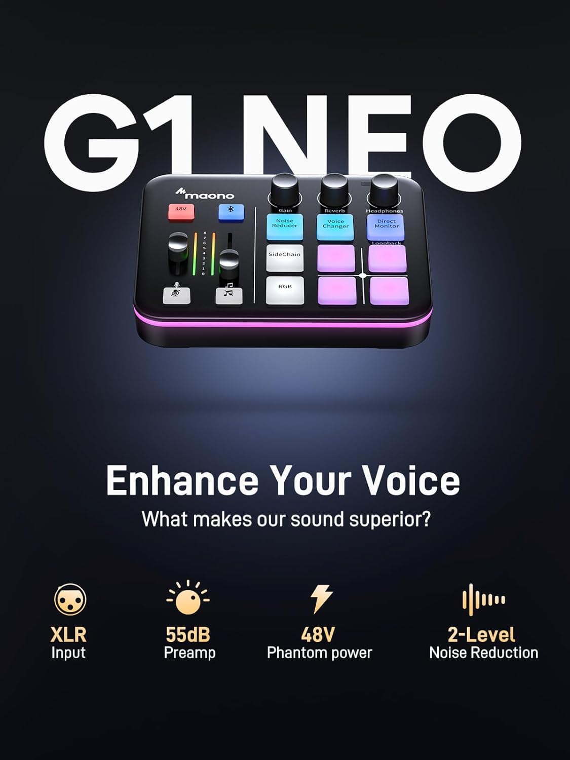MAONO Gaming audio-mixer & audio-interface met XLR-dynamische microfoon, XLR-interface, RGB, Bluetooth – voor live streaming, podcasting & gaming (MaonoCaster G1 NEO + PD200XS)