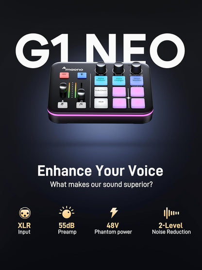 MAONO Gaming audio-mixer & audio-interface met XLR-dynamische microfoon, XLR-interface, RGB, Bluetooth – voor live streaming, podcasting & gaming (MaonoCaster G1 NEO + PD200XS)