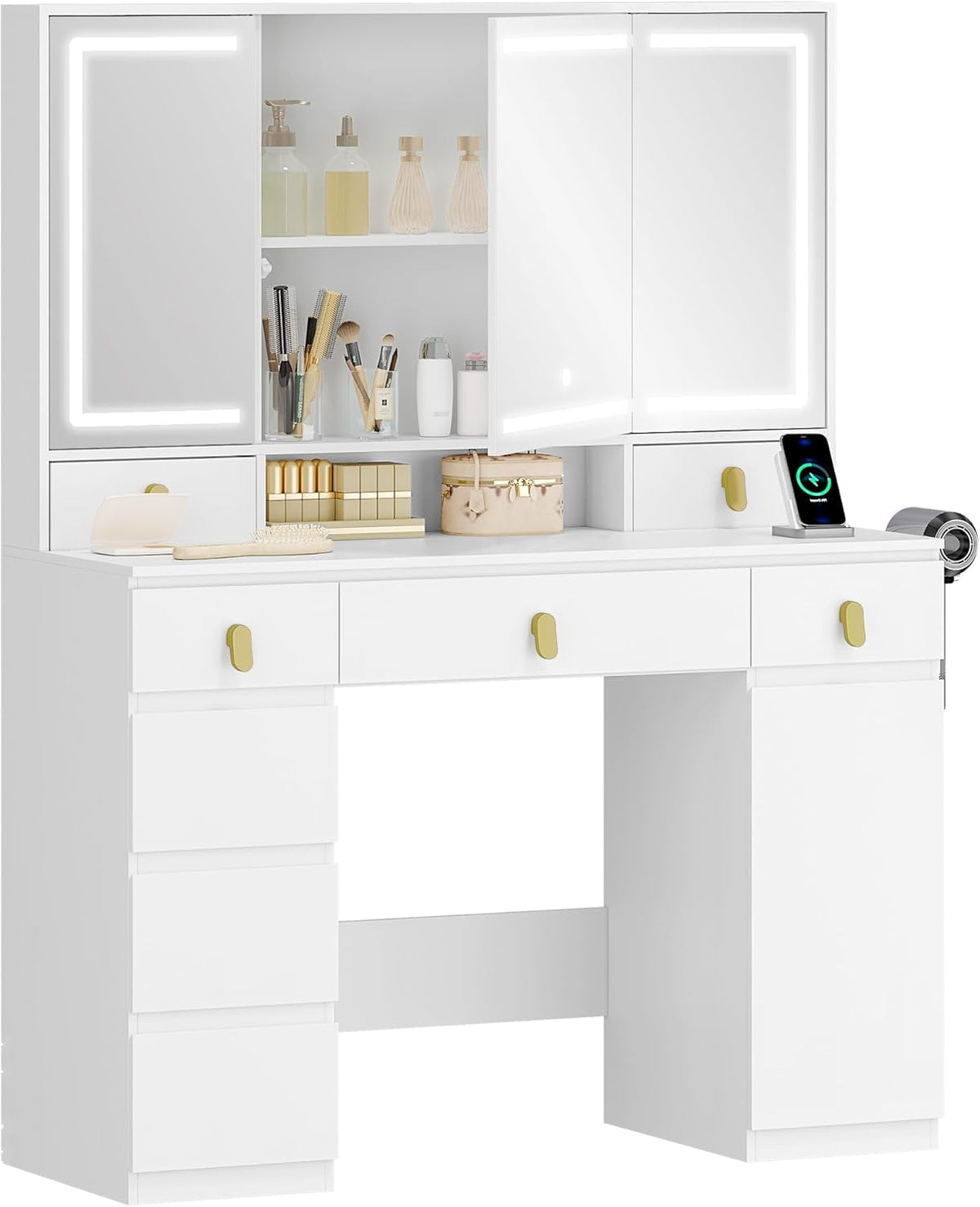 Hzuaneri Large Dressing Table with Mirror, Dressing Table with LED Lighting, with Power Strip and Hair Holder, 3 Colours, Adjustable Brightness, 8 Drawers, 1 Storage Cabinet, White DT42003XEU