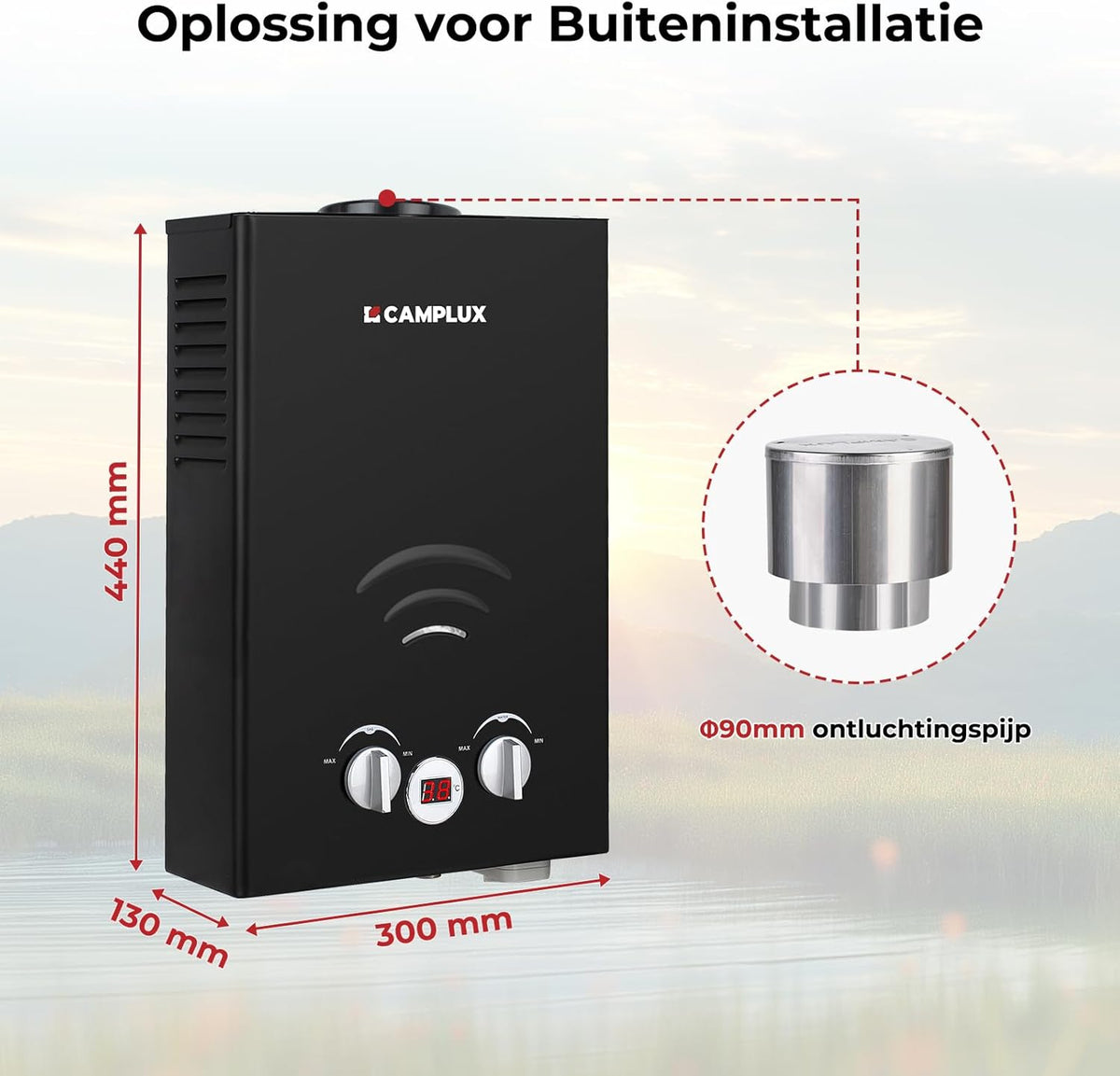 CAMPLUX BW158BC 6 L/min Gas Boiler, Butaan (28-30mbar)/ Propaan (37 mbar), 10 kW, voor Camping, RV, Wassen Paarden