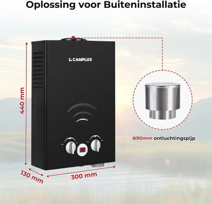 CAMPLUX BW158BC 6 L/min Gas Boiler, Butaan (28-30mbar)/ Propaan (37 mbar), 10 kW, voor Camping, RV, Wassen Paarden