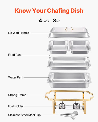 Buffetset – Buffetverwarmer – Chafing Dish – Warmhoudpan – Warmhoudset – Goudkleurig RVS – 2x 7,5 L + 4x 4 L Bakken