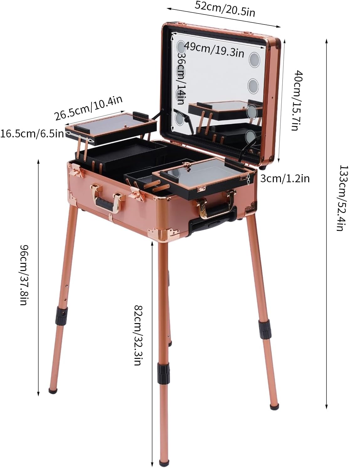 Cosmetic Trolley with Mirror - Makeup Suitcase and Cosmetic Case - Storage Cart Beauty Rolling Train Case KuNstler Travel Bag with 4 Wheels (Rose Gold) - QUORE